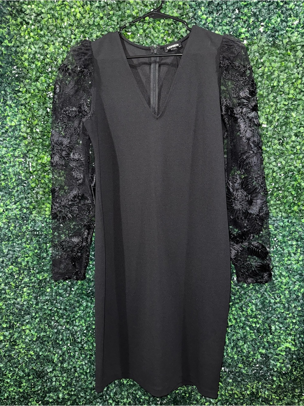 Express Black Sheer Floral Long Sleeves V-Neck Dress — Size Large